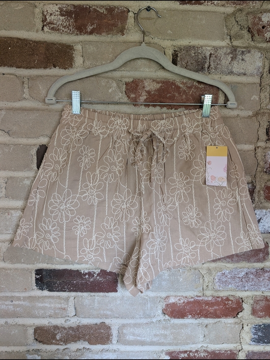 Neutral Ground Pants - High-Waist Beige Floral Embroidered Women’s Shorts